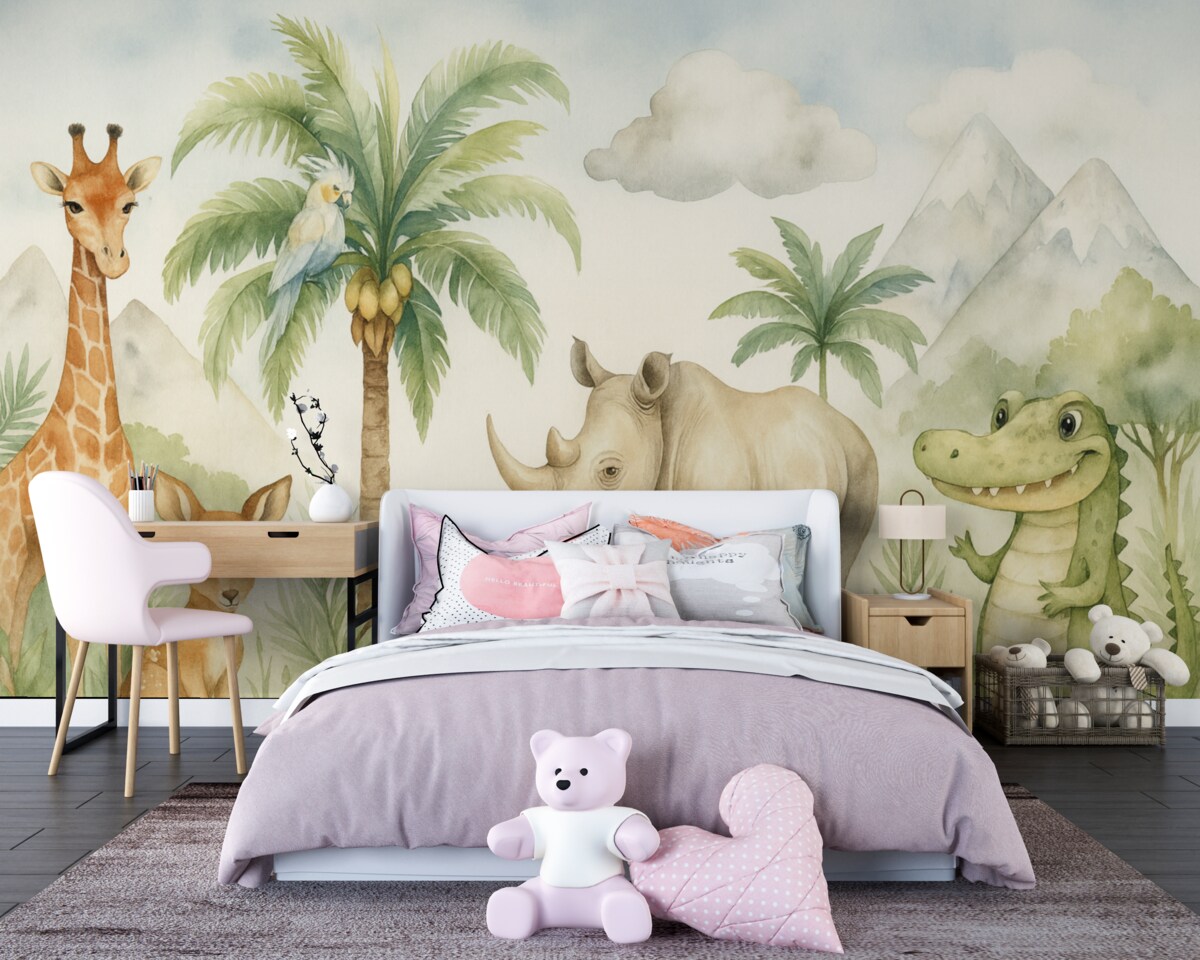 Fototapeta Tropikalne stworzenia w sąsiedztwie palm naśladują akwarelę.