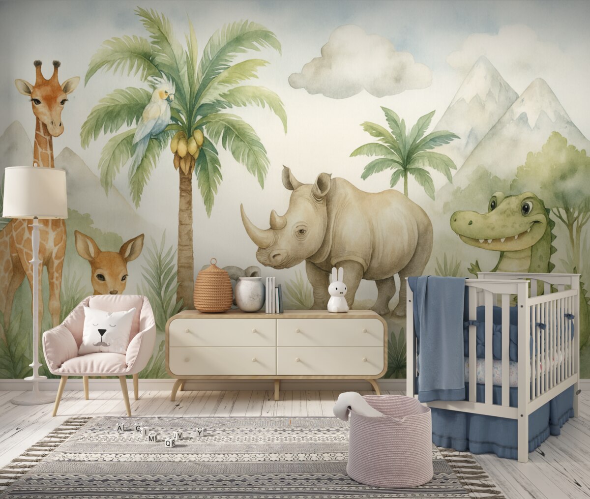 Fototapeta Tropikalne stworzenia w sąsiedztwie palm naśladują akwarelę.