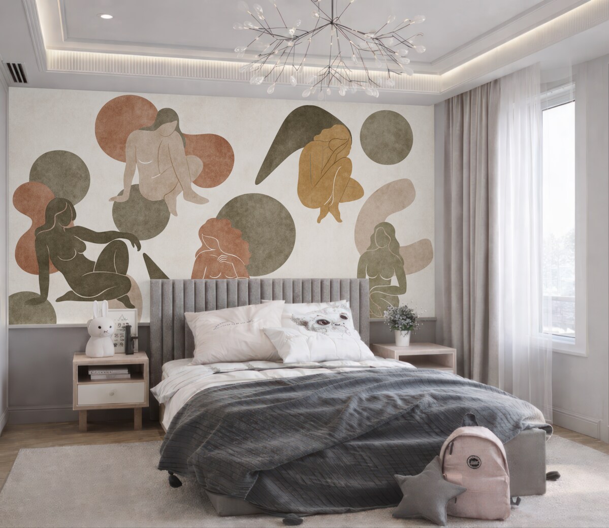 Fototapeta Geometryczne abstrakcje z damskimi sylwetkami, styl boho, brązowy, beżowy, zieleń.