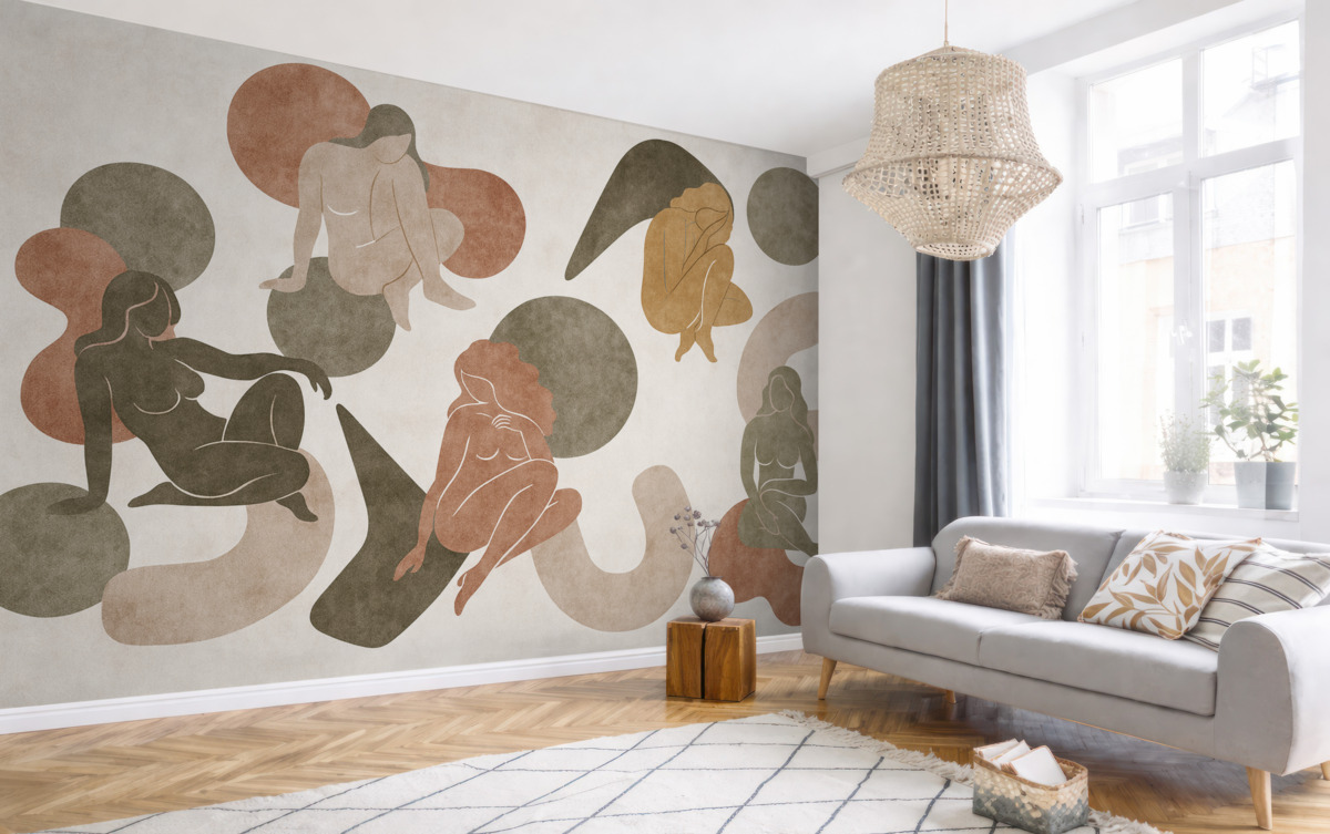 Fototapeta Geometryczne abstrakcje z damskimi sylwetkami, styl boho, brązowy, beżowy, zieleń.