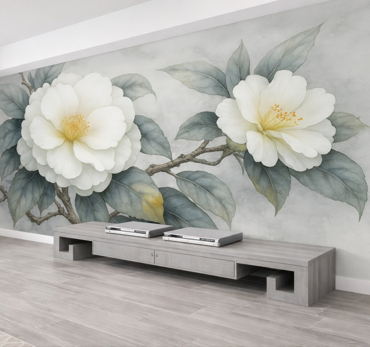 Fototapeta Kwiaty kamelii na gałęzi w technice akwareli, organiczne odcienie.