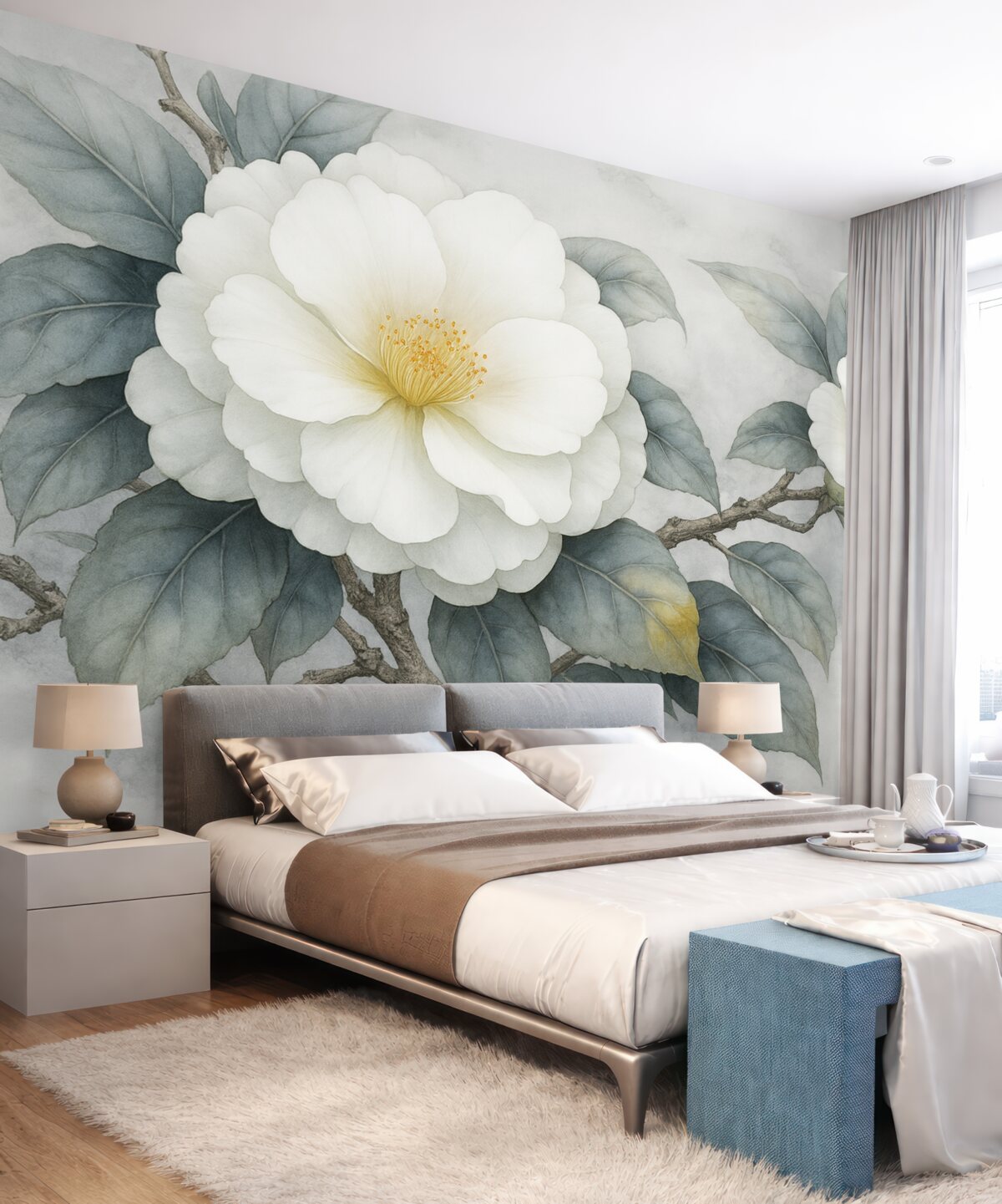 Fototapeta Kwiaty kamelii na gałęzi w technice akwareli, organiczne odcienie.