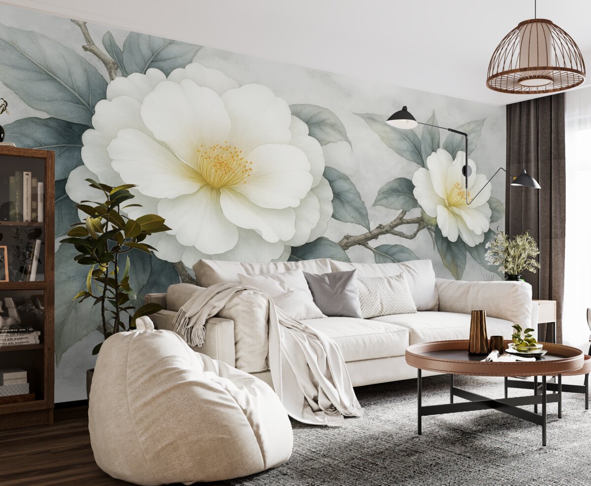 Fototapeta Kwiaty kamelii na gałęzi w technice akwareli, organiczne odcienie.