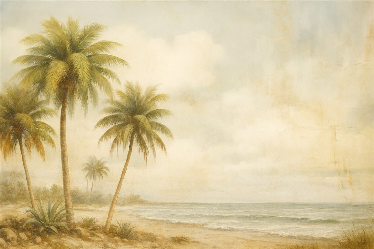 Fototapeta Tropikalna marzenia, palmy, obłoki, nieboskłon, ocean, faktura.