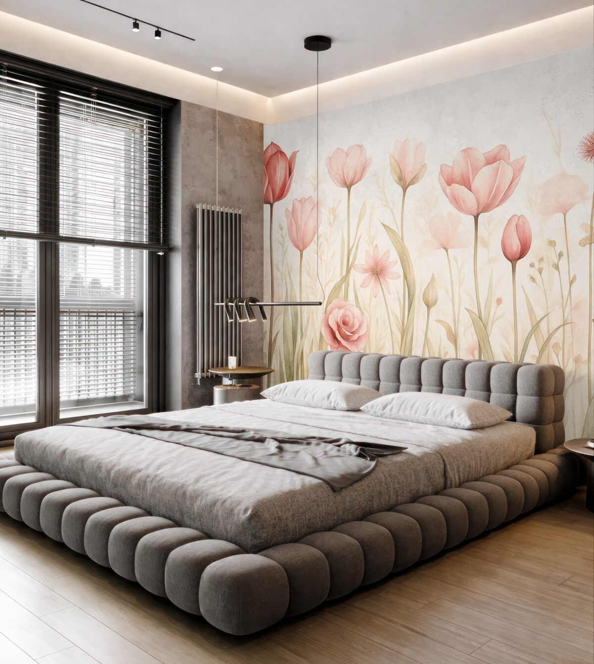 Fototapeta Delikatność łąki, tulipany, kwiaty, łodygi, liście, dzikie rośliny.