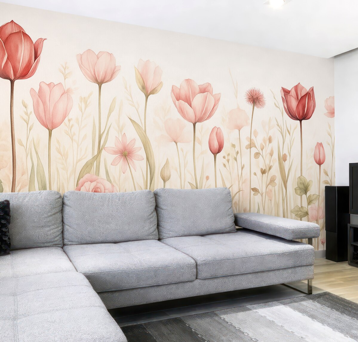 Fototapeta Delikatność łąki, tulipany, kwiaty, łodygi, liście, dzikie rośliny.