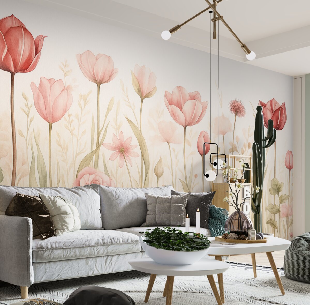 Fototapeta Delikatność łąki, tulipany, kwiaty, łodygi, liście, dzikie rośliny.