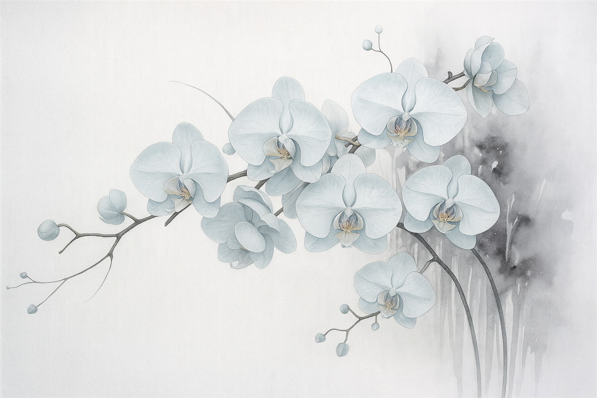 Fototapeta Akwarelowe storczyki w japońskim stylu na jasnym tle.