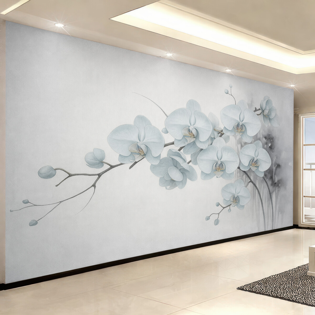 Fototapeta Akwarelowe storczyki w japońskim stylu na jasnym tle.