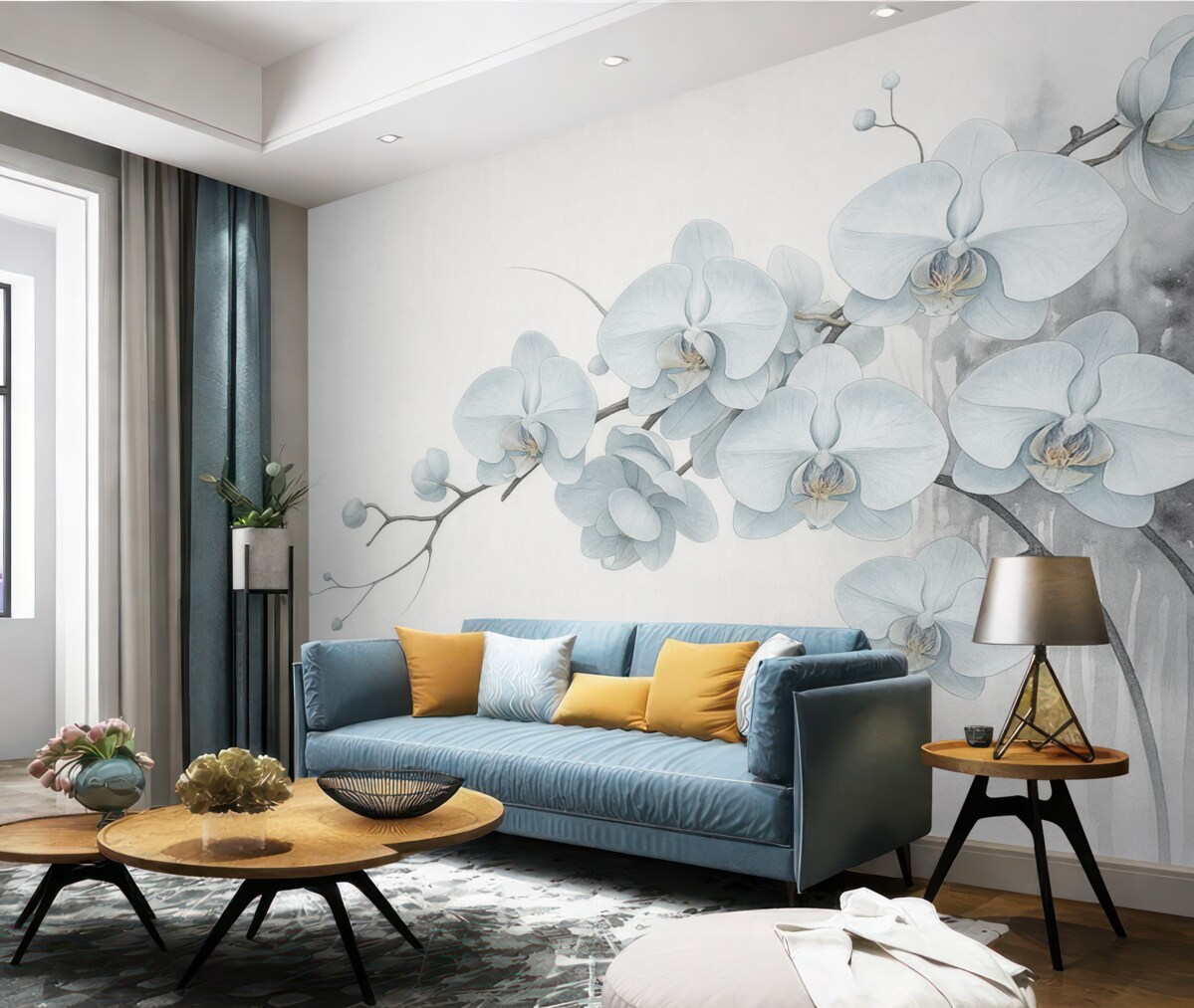 Fototapeta Akwarelowe storczyki w japońskim stylu na jasnym tle.