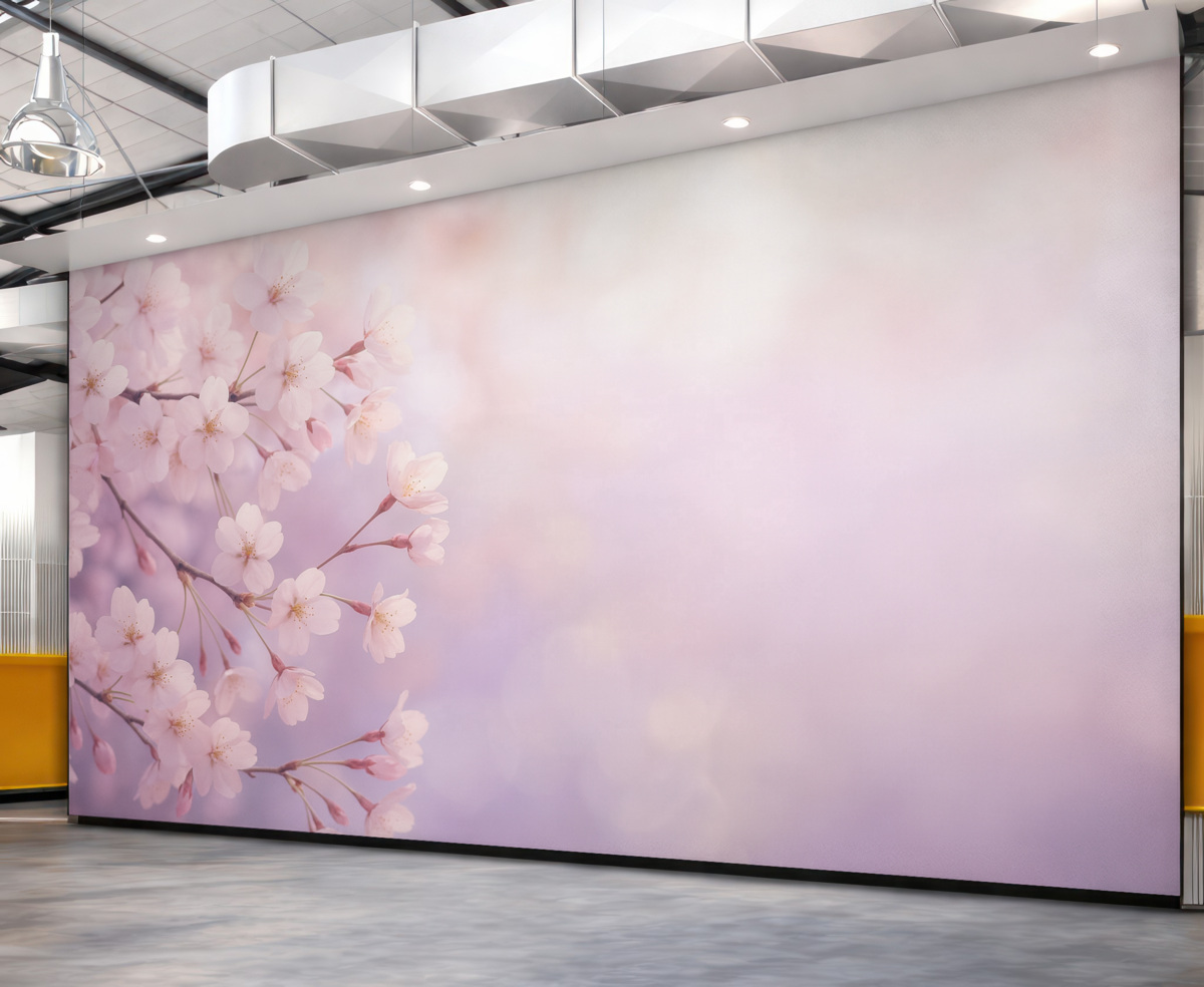 Fototapeta Gałęzie wiśni z różowymi kwiatami na delikatnym tle.