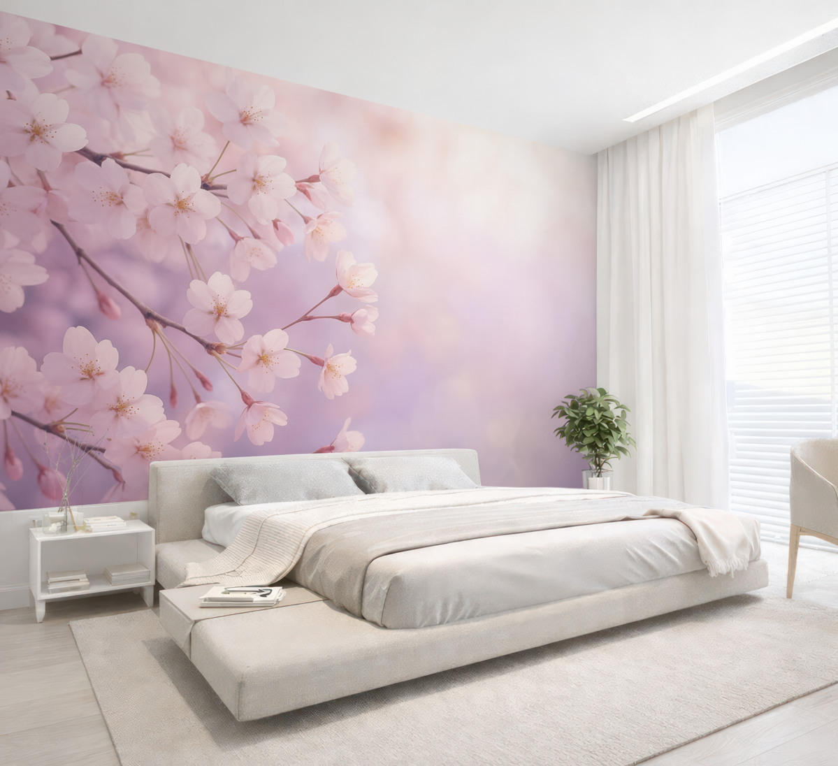 Fototapeta Gałęzie wiśni z różowymi kwiatami na delikatnym tle.