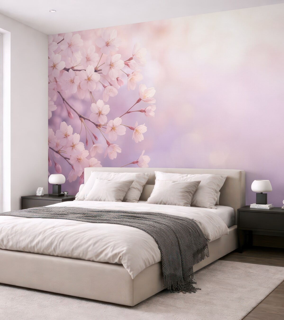 Fototapeta Gałęzie wiśni z różowymi kwiatami na delikatnym tle.