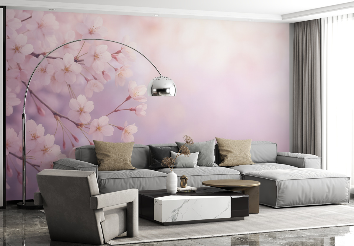 Fototapeta Gałęzie wiśni z różowymi kwiatami na delikatnym tle.