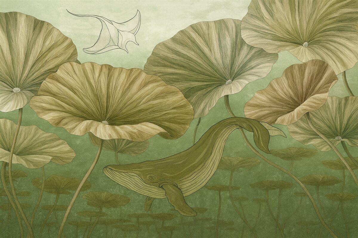 Fototapeta Wieloryb pośród olbrzymich lotosów w zielonej wodzie.