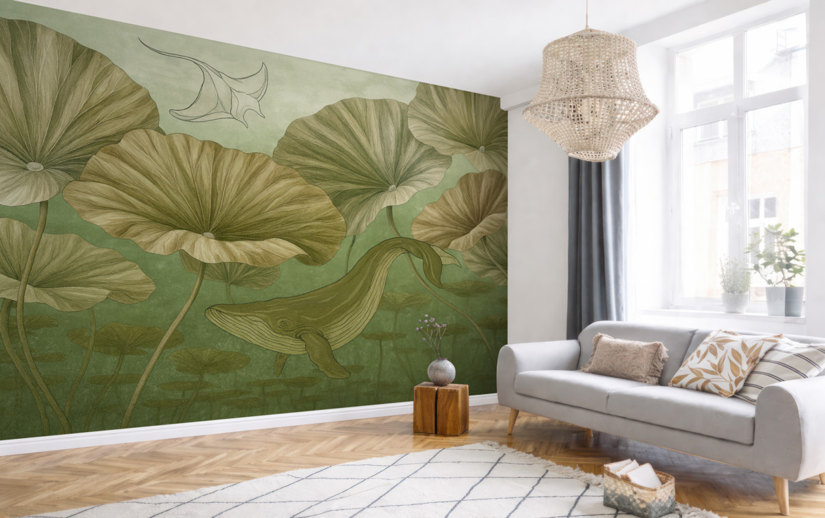 Fototapeta Wieloryb pośród olbrzymich lotosów w zielonej wodzie.