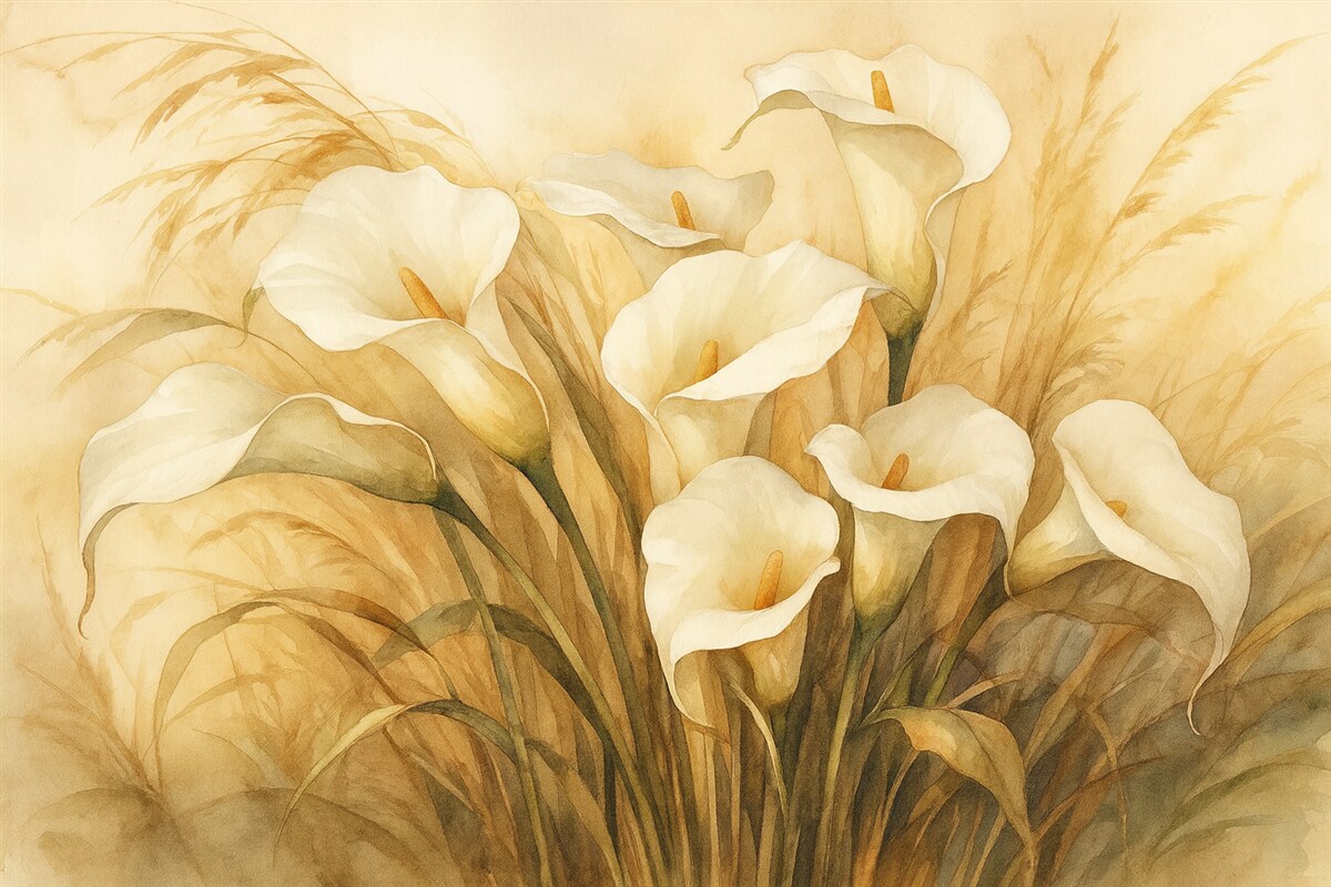 Fototapeta Lilie Calla w wyschniętej trawie.