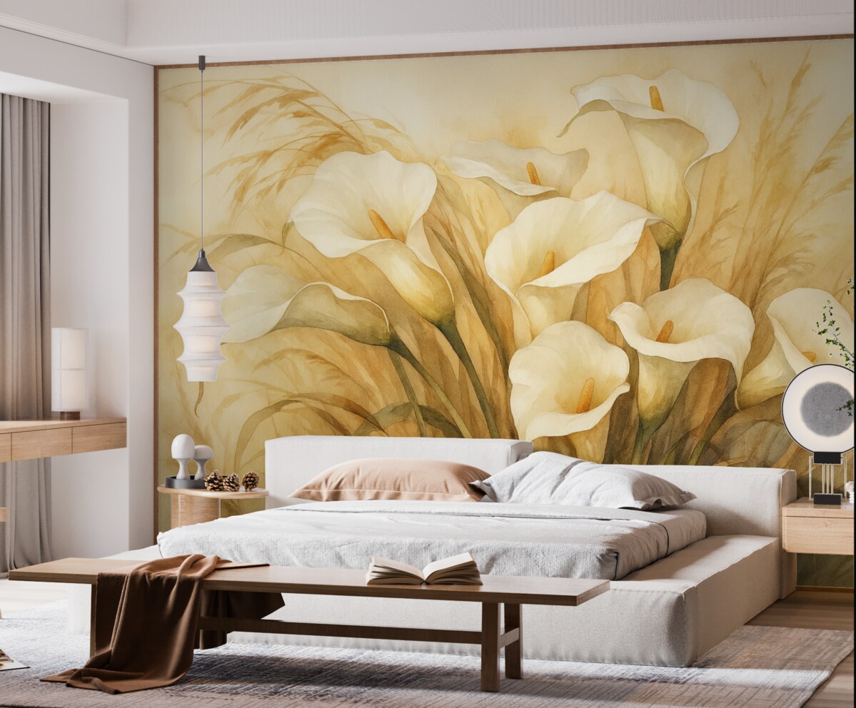 Fototapeta Lilie Calla w wyschniętej trawie.