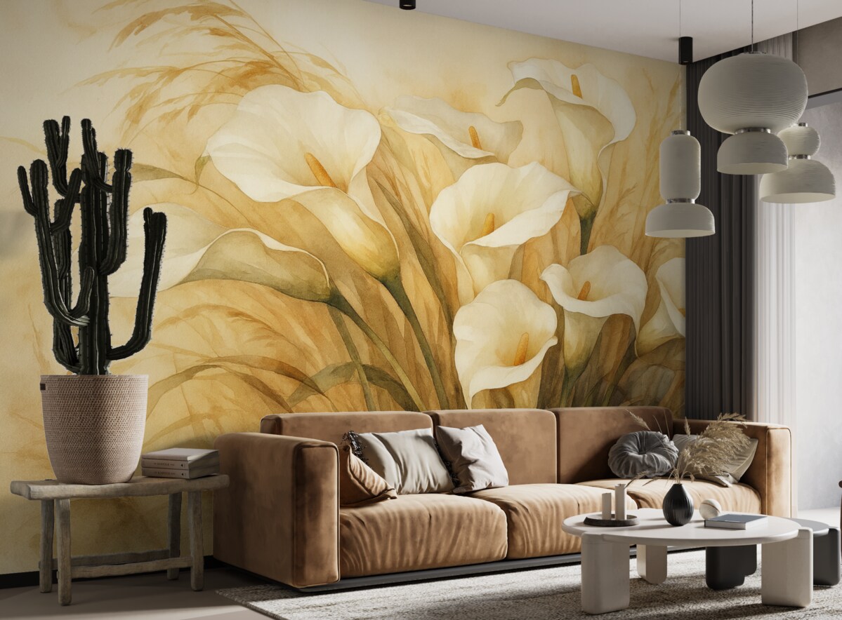 Fototapeta Lilie Calla w wyschniętej trawie.