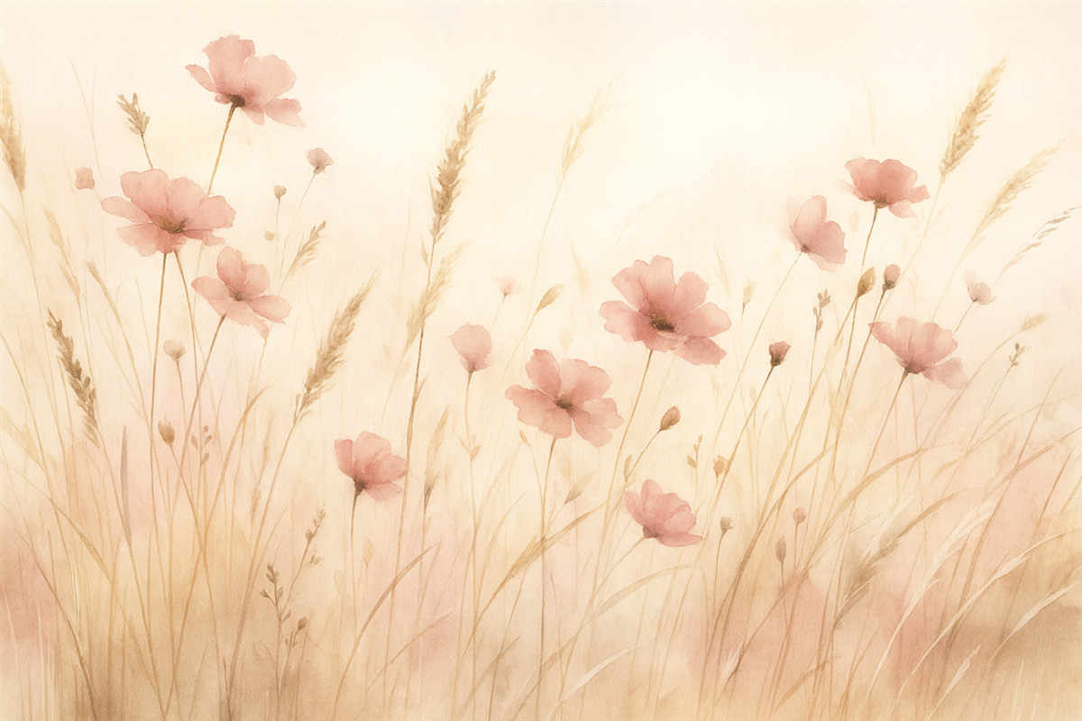 Fototapeta Dzikie kwiaty na suchej trawie stylizacja akwarelowa.