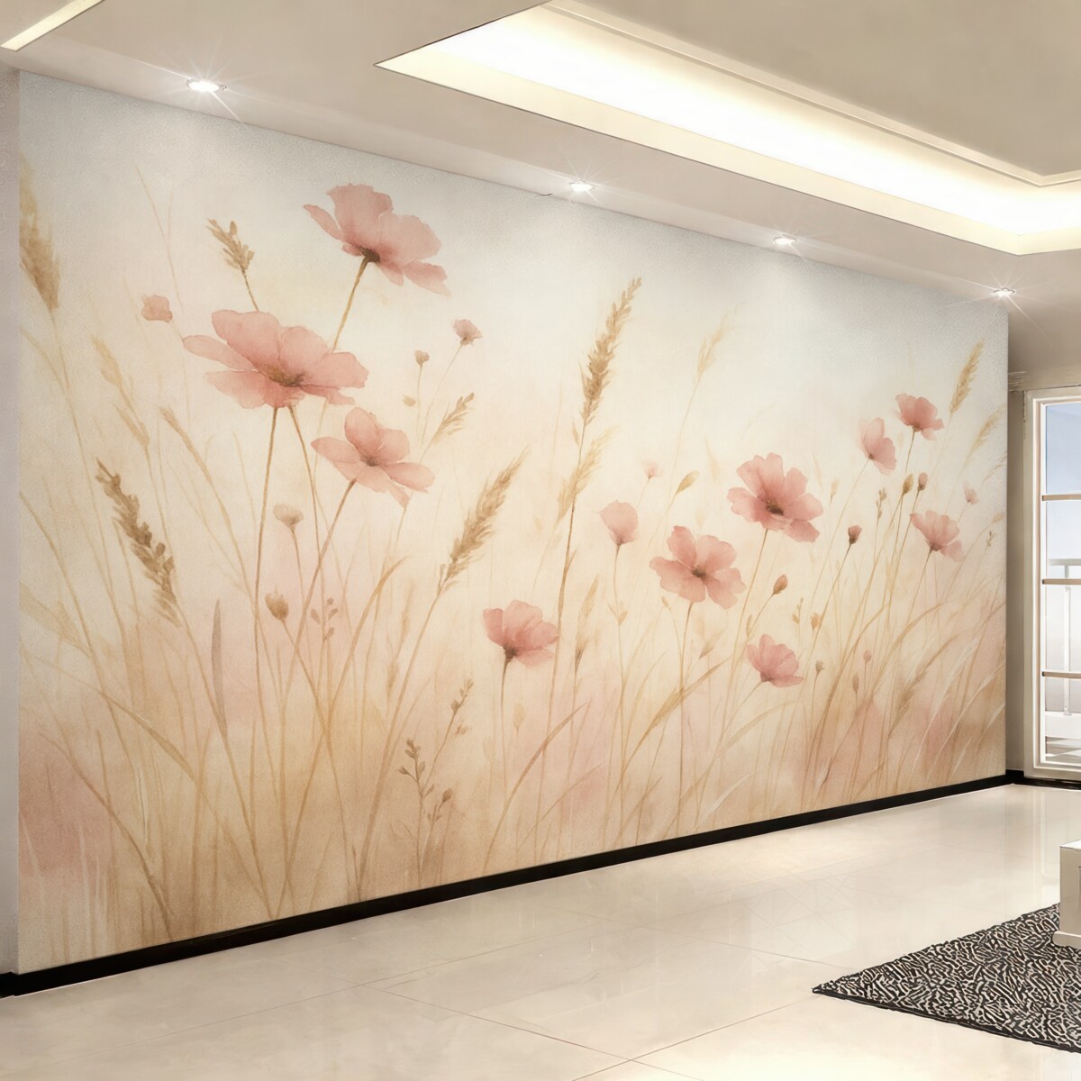 Fototapeta Dzikie kwiaty na suchej trawie stylizacja akwarelowa.