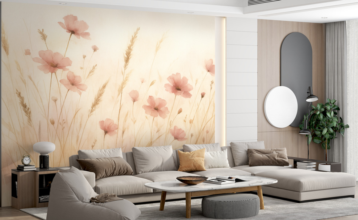 Fototapeta Dzikie kwiaty na suchej trawie stylizacja akwarelowa.