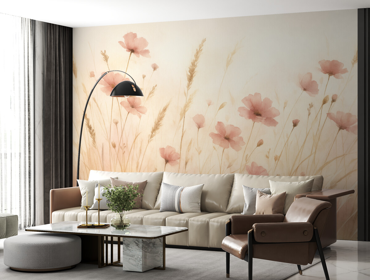 Fototapeta Dzikie kwiaty na suchej trawie stylizacja akwarelowa.