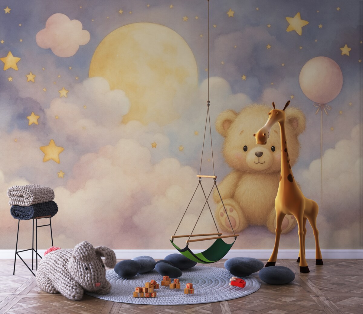 Fototapeta Uroczy niedźwiadek na chmurze z księżycem i gwiazdkami.