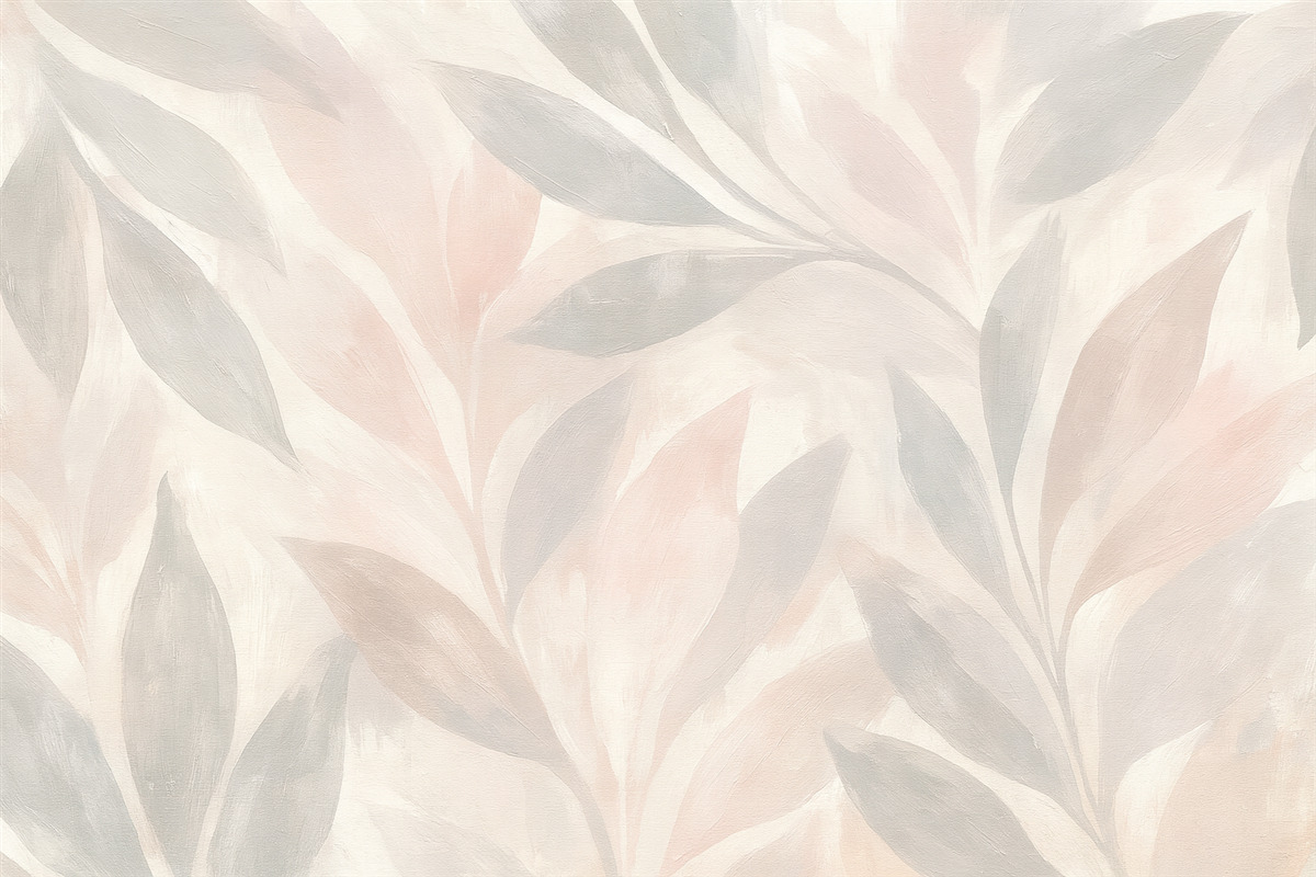 Fototapeta Tropikalne liście, kwiaty, palmy, delikatny styl, różowe i jasnobeżowe odcienie.