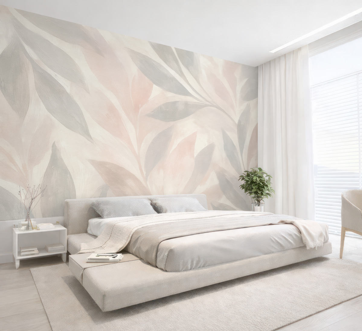 Fototapeta Tropikalne liście, kwiaty, palmy, delikatny styl, różowe i jasnobeżowe odcienie.