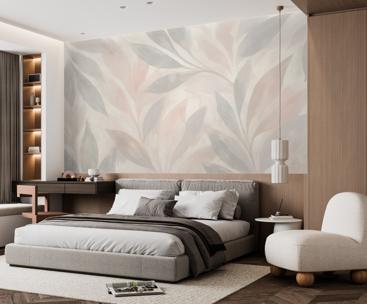 Fototapeta Tropikalne liście, kwiaty, palmy, delikatny styl, różowe i jasnobeżowe odcienie.