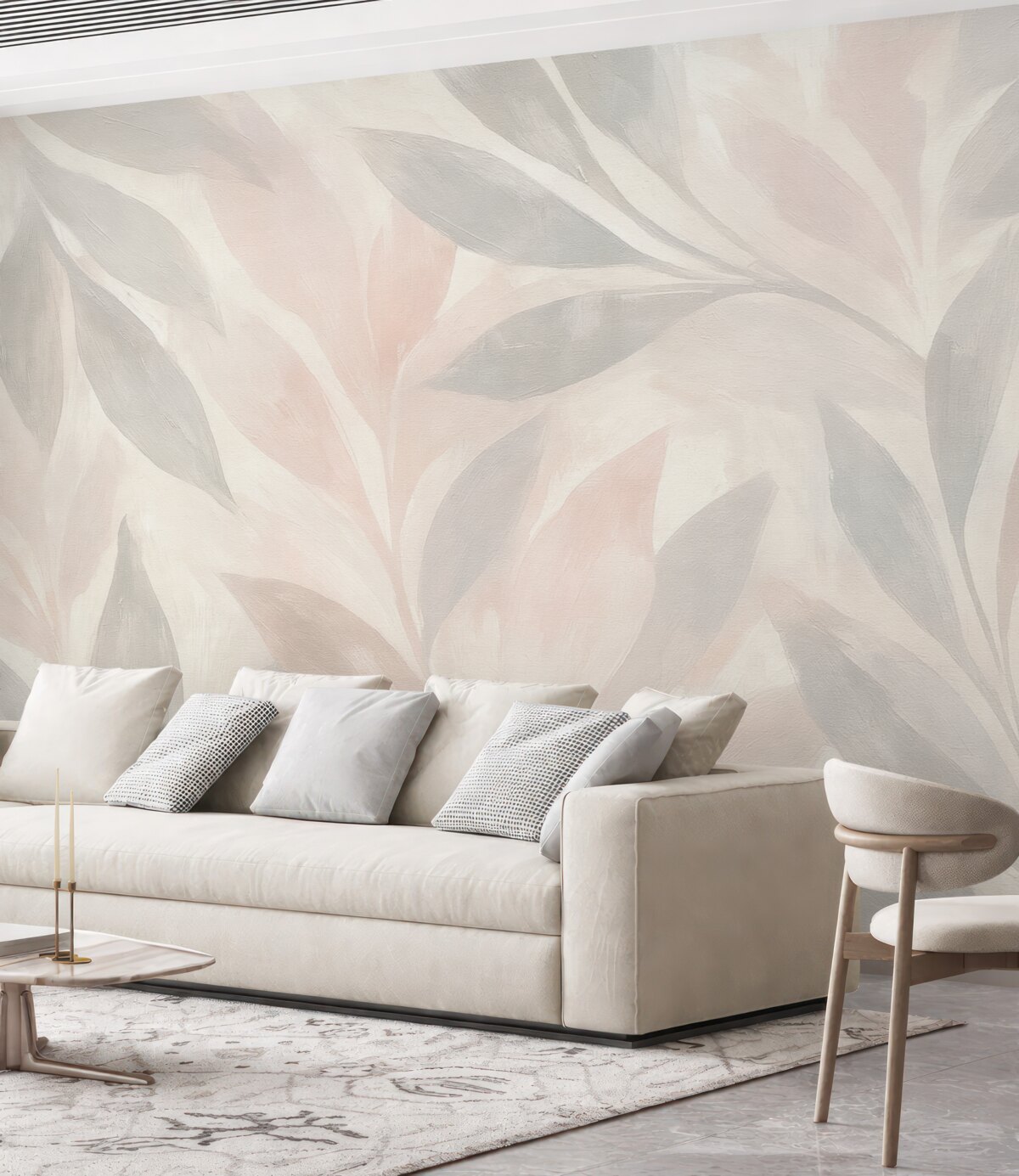 Fototapeta Tropikalne liście, kwiaty, palmy, delikatny styl, różowe i jasnobeżowe odcienie.