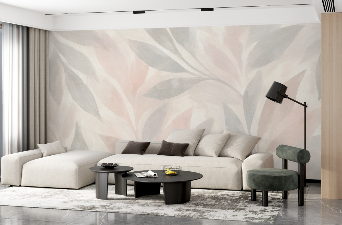 Fototapeta Tropikalne liście, kwiaty, palmy, delikatny styl, różowe i jasnobeżowe odcienie.