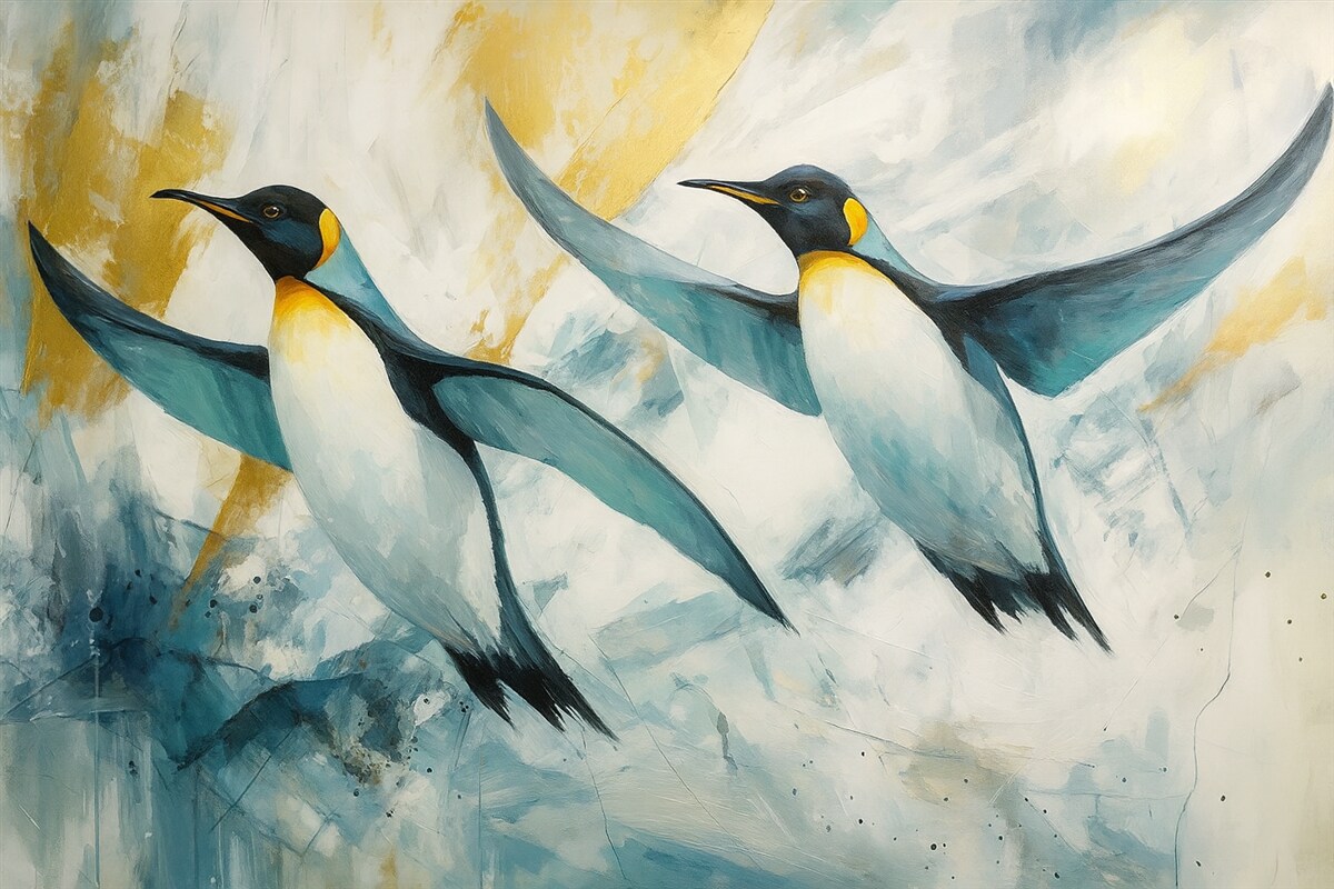 Fototapeta Cudowne pingwiny, Antarctica, niebieski lód, stworzenia, obraz olejny.