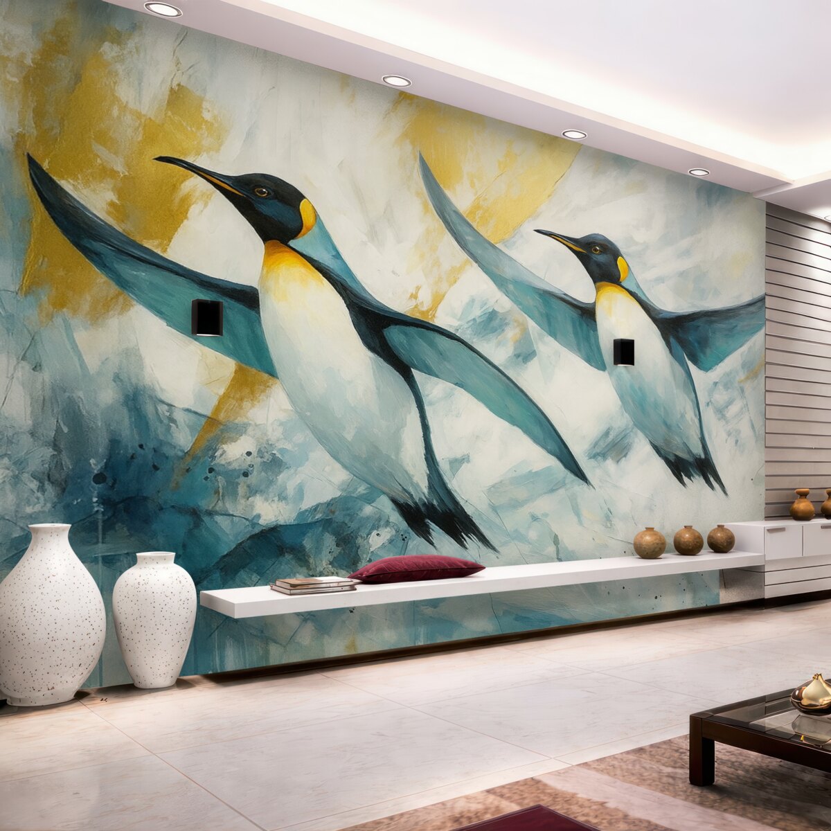 Fototapeta Cudowne pingwiny, Antarctica, niebieski lód, stworzenia, obraz olejny.