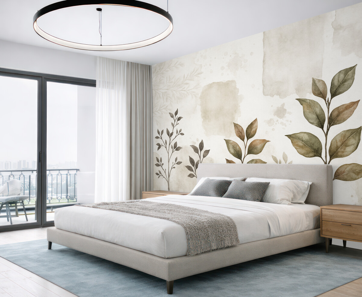 Fototapeta Liście drzewa cytrynowego, cienie konarów drzew, przyroda, akwarela.