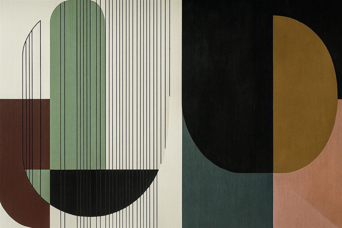 Fototapeta współczesna abstrakcyjna kompozycja geometryczna z nachodzącymi na siebie kształtami oraz pionowymi