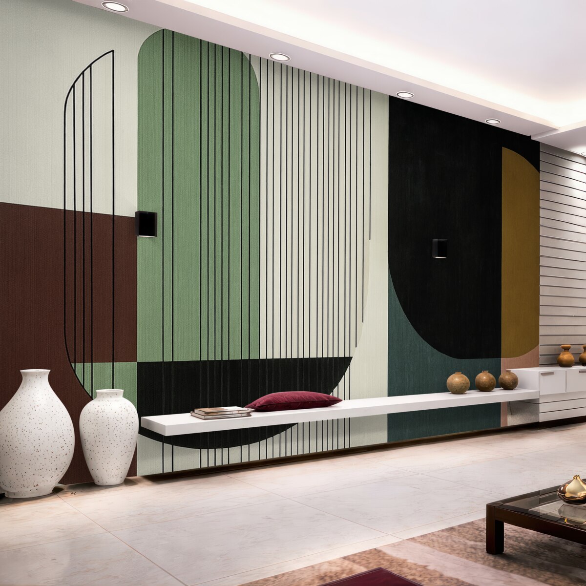 Fototapeta współczesna abstrakcyjna kompozycja geometryczna z nachodzącymi na siebie kształtami oraz pionowymi