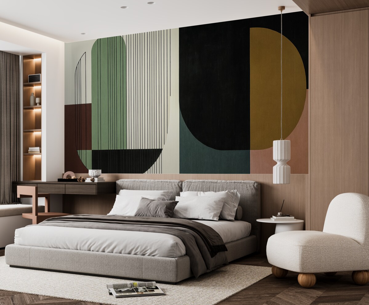 Fototapeta współczesna abstrakcyjna kompozycja geometryczna z nachodzącymi na siebie kształtami oraz pionowymi