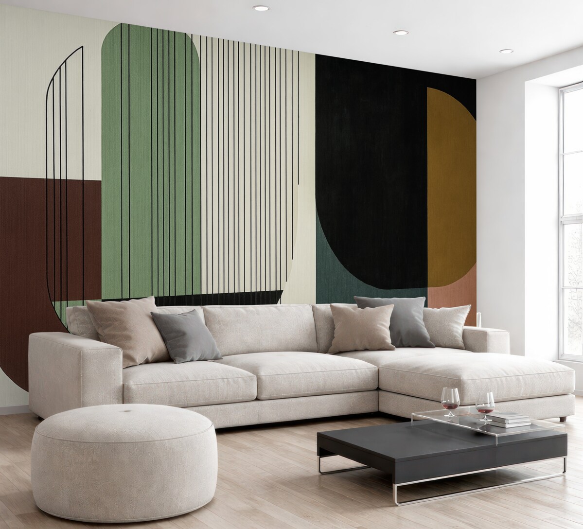 Fototapeta współczesna abstrakcyjna kompozycja geometryczna z nachodzącymi na siebie kształtami oraz pionowymi