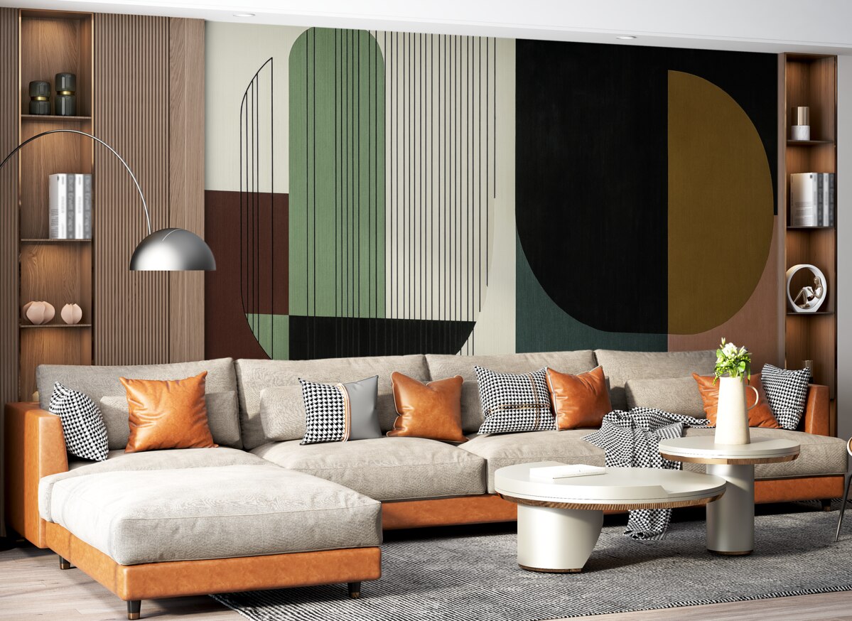 Fototapeta współczesna abstrakcyjna kompozycja geometryczna z nachodzącymi na siebie kształtami oraz pionowymi