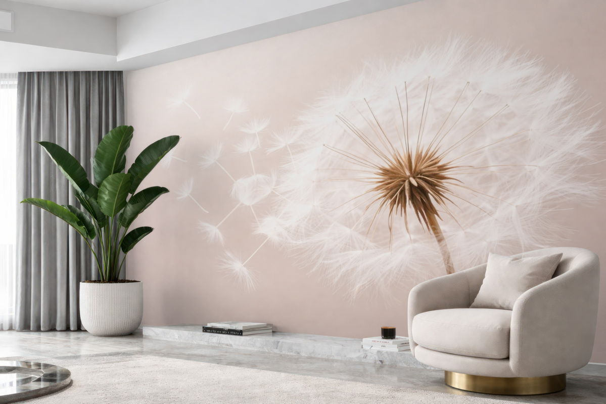 Fototapeta Wsp współczesna, delikatna kompozycja kwiatowa z całkowicie otwartą główką mniszka lekarskiego oraz unoszącymi się nasionami, na tle subtelnej struktury przypominającej materiał.