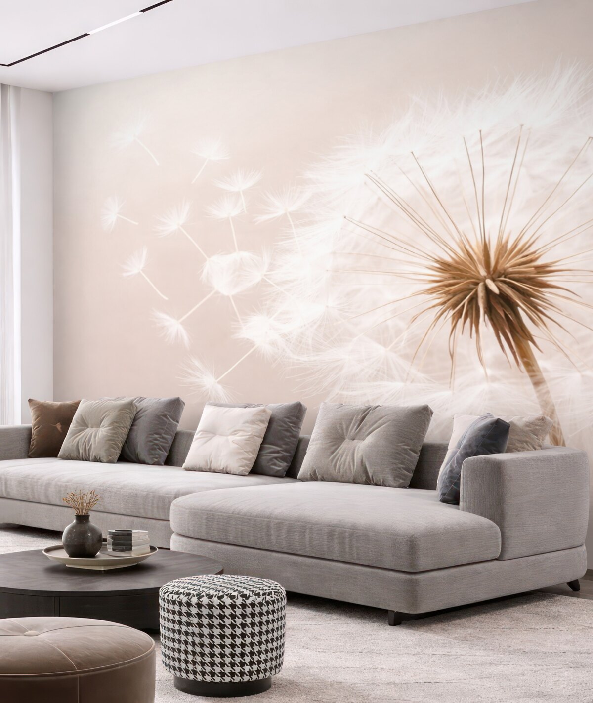 Fototapeta Wsp współczesna, delikatna kompozycja kwiatowa z całkowicie otwartą główką mniszka lekarskiego oraz unoszącymi się nasionami, na tle subtelnej struktury przypominającej materiał.