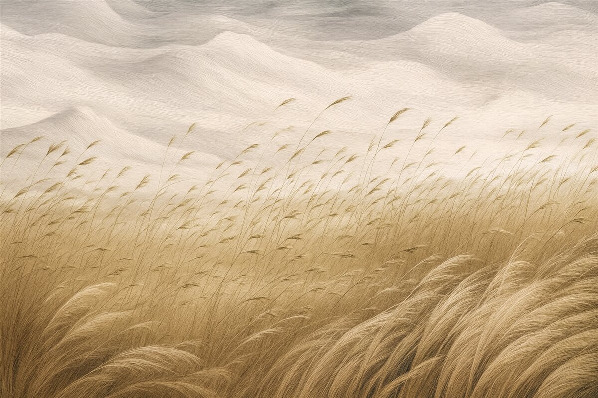 Fototapeta Abstrakcyjne łany trawy poruszane wiatrem w odcieniach beżu oraz kamienia, linie rysunku tuszem na teksturowanym tle papierowym, cicha nordycka wieś.