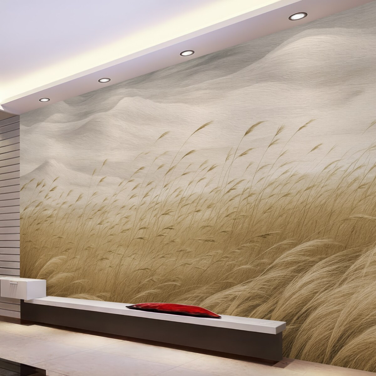 Fototapeta Abstrakcyjne łany trawy poruszane wiatrem w odcieniach beżu oraz kamienia, linie rysunku tuszem na teksturowanym tle papierowym, cicha nordycka wieś.