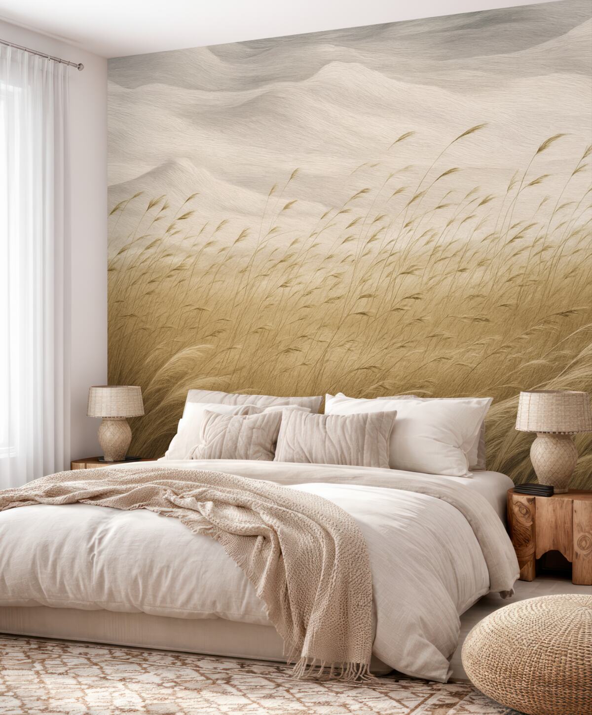 Fototapeta Abstrakcyjne łany trawy poruszane wiatrem w odcieniach beżu oraz kamienia, linie rysunku tuszem na teksturowanym tle papierowym, cicha nordycka wieś.