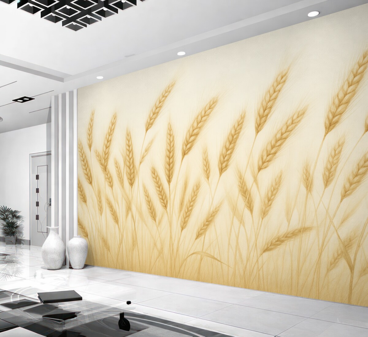 Fototapeta Subtelna botaniczna ilustracja łodyg pszenicy, rysowana ręcznie, cienkie linie z pastelową fakturą k