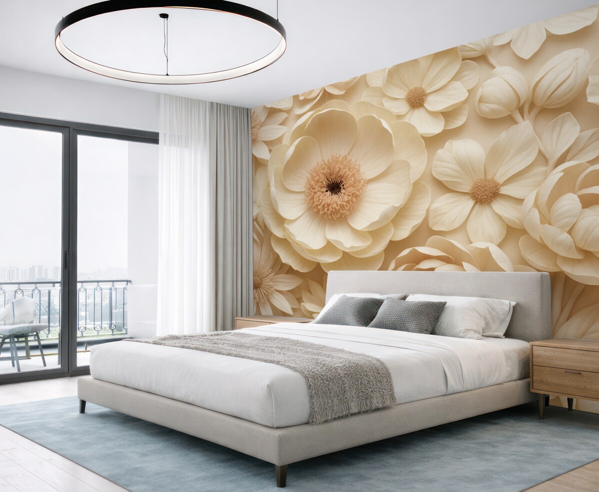 Fototapeta Wolumetryczna aranżacja kwiatowa z subtelnymi, papierowymi lub tkaninowymi płatkami w tonacjach kości słoniowej, wanilii i różu, na tle ciepłego beżu.