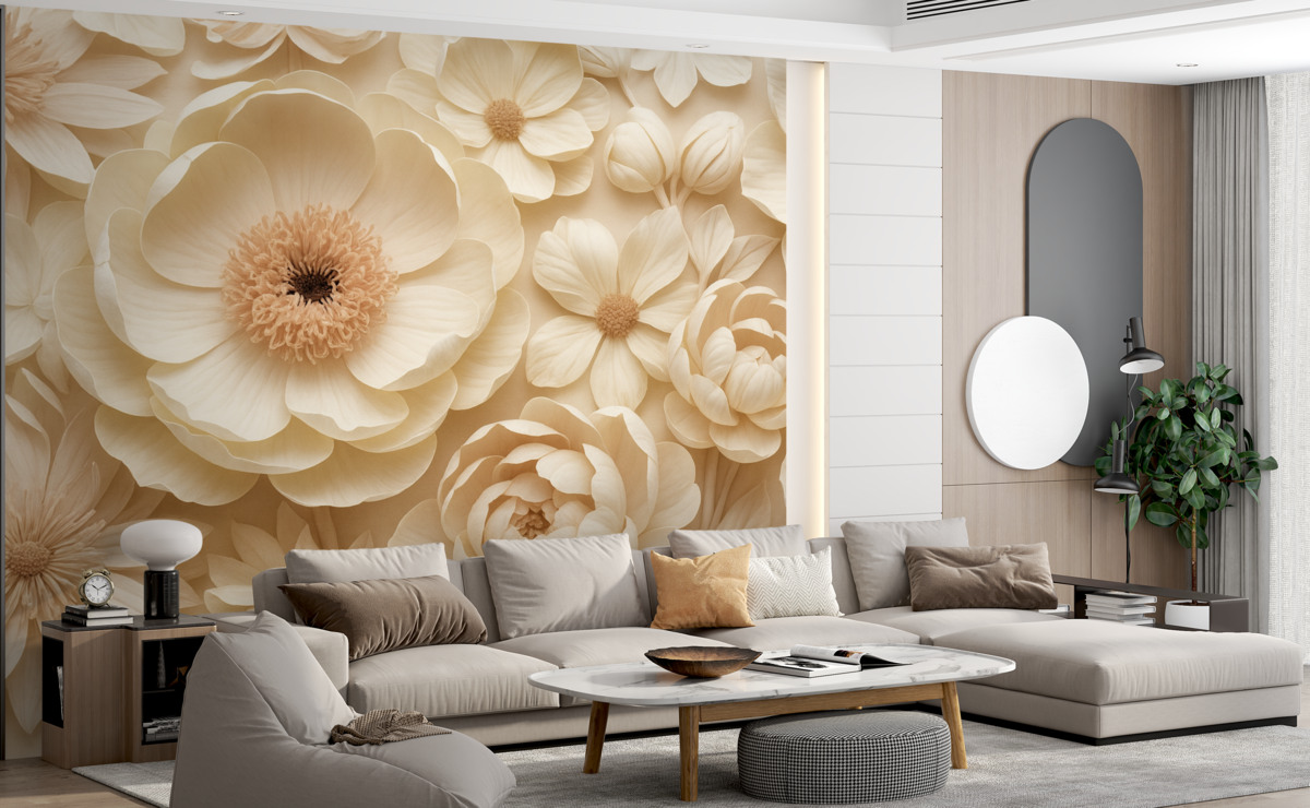 Fototapeta Wolumetryczna aranżacja kwiatowa z subtelnymi, papierowymi lub tkaninowymi płatkami w tonacjach kości słoniowej, wanilii i różu, na tle ciepłego beżu.