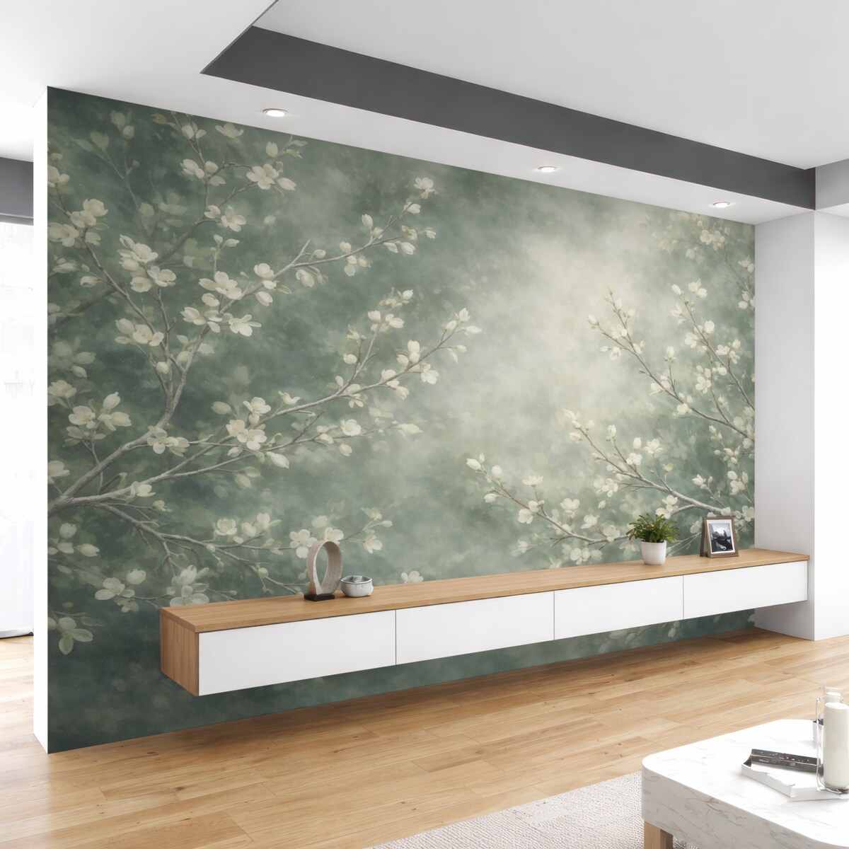 Fototapeta Minimalistyczny, ręcznie malowany wzór tapety z delikatnymi białymi gałązkami drzew z subtelnymi liś